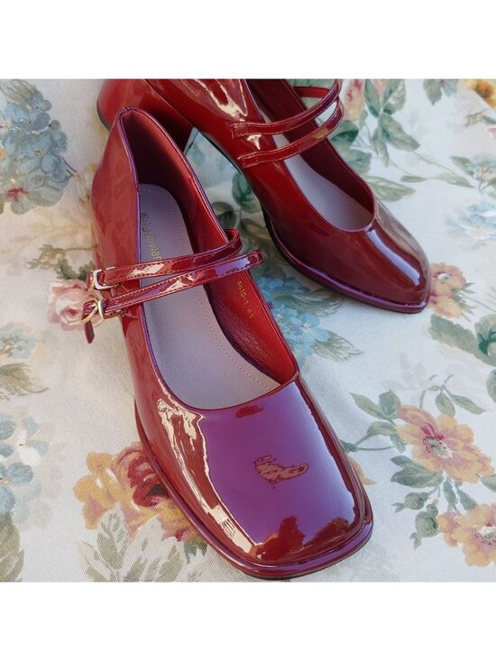 Weiweinviang Shoes - Women's Patent Burgundy Mary Jane Shoes with Block Heels size US 10 Euro 41
